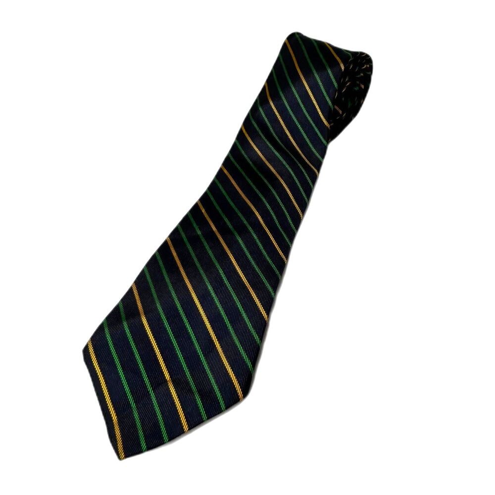 The Crawford Men's Navy Green Gold Diagonal Striped VTG 1960s Dakron/Silk Tie